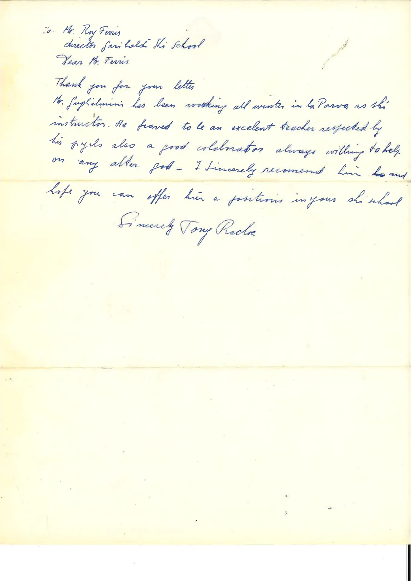 1967.09.07, Referenza da Garibaldi Ski School a Tony Racloz a La Parva