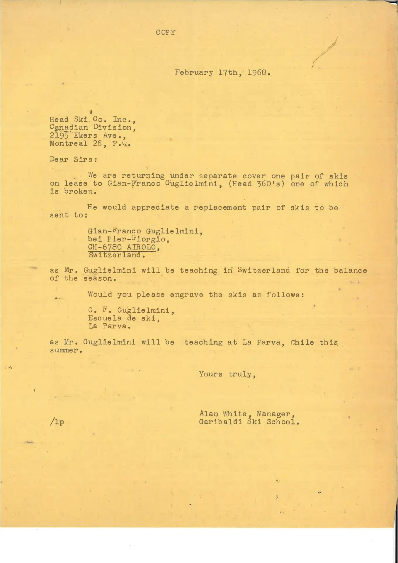 1968.02.17, L da Garibaldi Ski School a Head Ski Co. Inc. Montreal